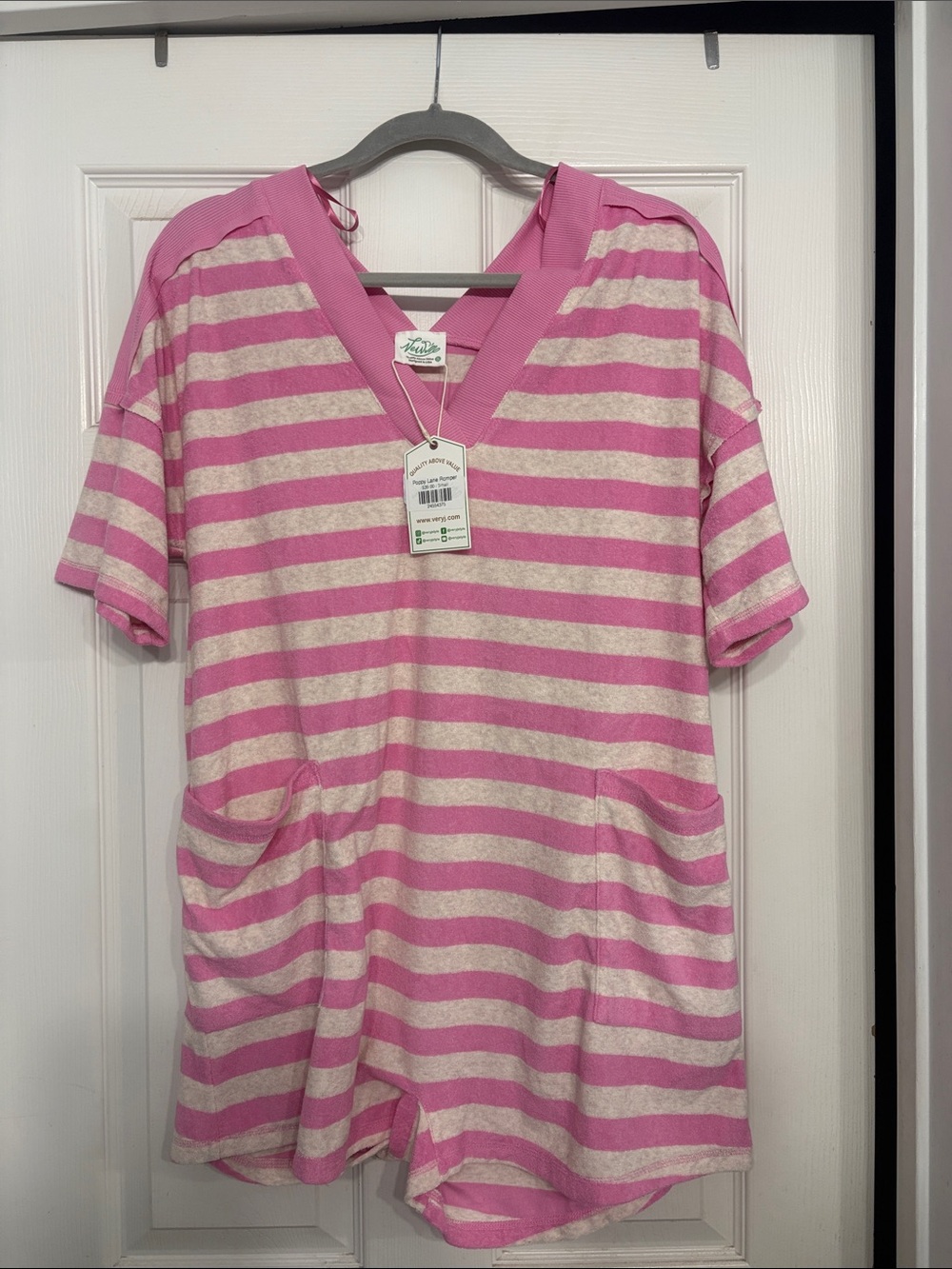 Women's Terry Pink & Cream Striped Romper- Beach Cover up